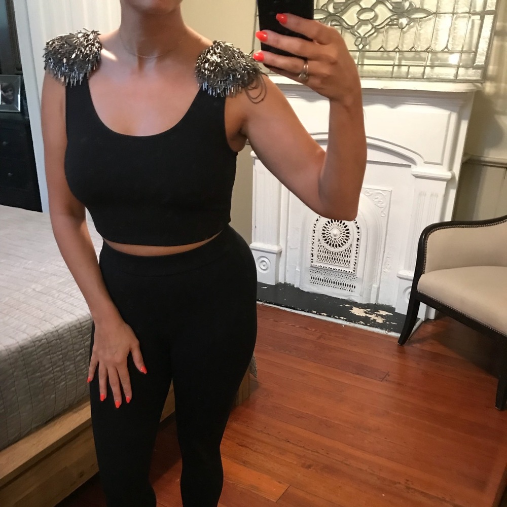 Bebe Metal silver embellishments shoulder pads top